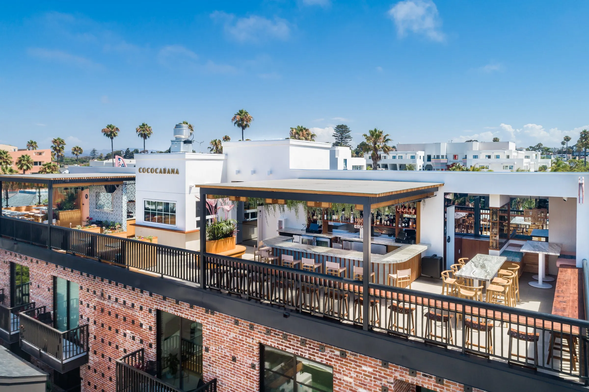 Coco Cabana rooftop bar aerial view over Downtown Oceanside, CA